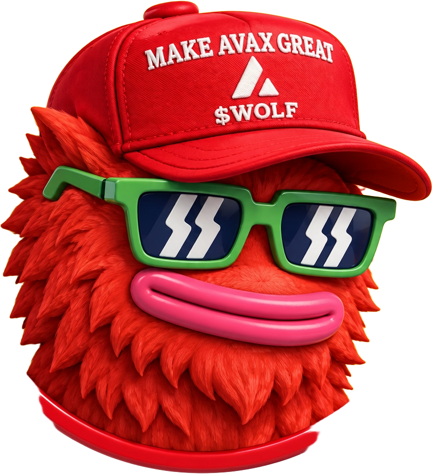 LANDWOLF, the red Avalanche wolf wearing a Make AVAX Great cap and green sunglasses